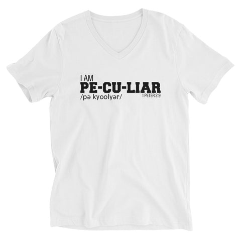 I AM Peculiar (White/ Black V-Neck T-Shirt)